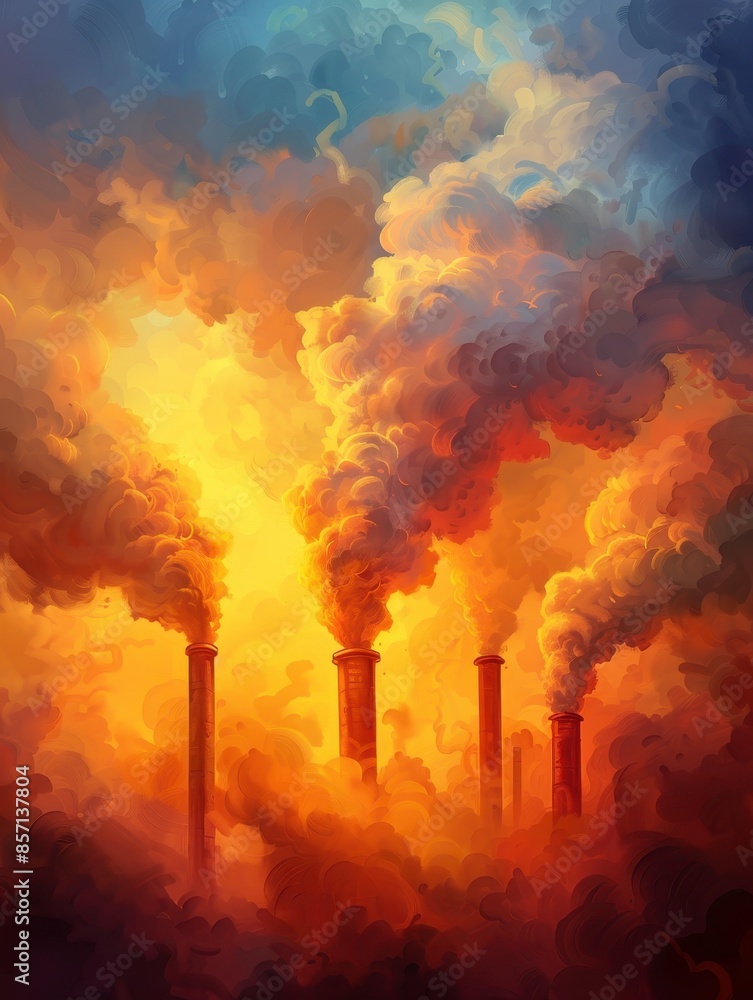 Obraz premium Image of industrial smokestacks emitting thick, colorful smoke into the sky, illustrating pollution and environmental impact.