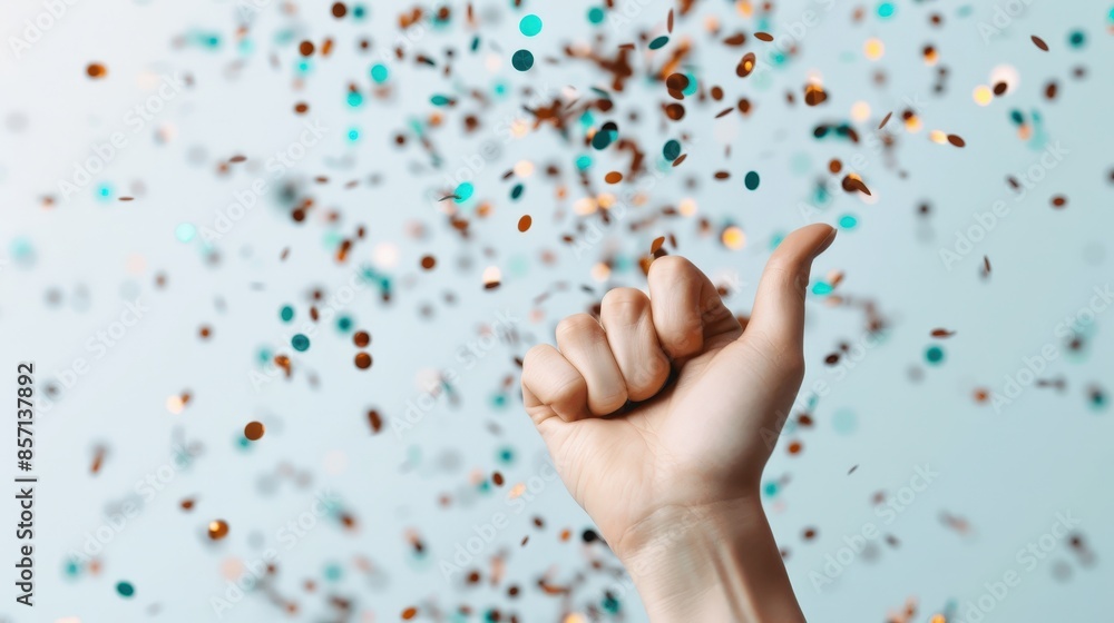 A close-up of a hand giving a thumbs-up amidst falling confetti, conveying celebration, success, and joy in a festive atmosphere. A close-up of a hand giving a thumbs-up amidst falling confetti, conveying celebration, success, and joy in a festive atmosphere.