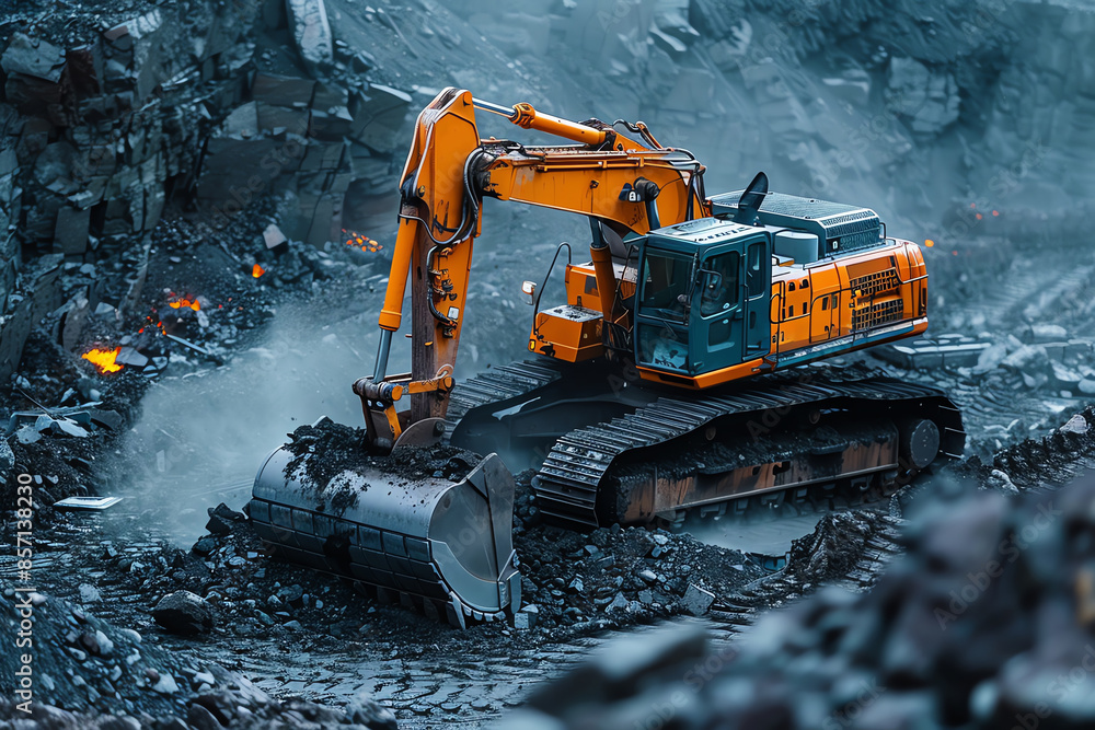 Orange excavator working in a rocky quarry, surrounded by stones and dust. The heavy equipment is engaged in excavation and material handling. Orange excavator working in a rocky quarry, surrounded by stones and dust. The heavy equipment is engaged in excavation and material handling.