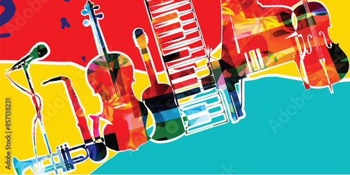 Musical background, listen and download music  concept. Colorful party poster with music instruments