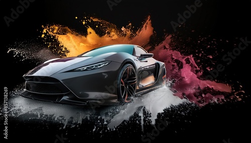Sleek Sports Car with Colorful Splash Background