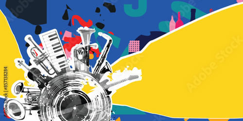 Musical background, listen and download music  concept. Colorful party poster with LP record and music instruments