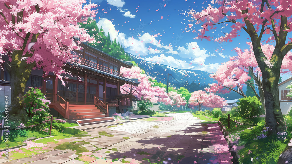 Fototapeta premium An anime-style illustration, a school in a landscape with a fallen cherry leaves and trees.