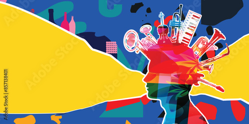 Musical background, listen and download music  concept. Colorful party poster with music instruments