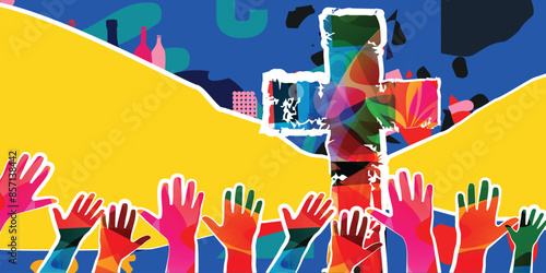 Colorful Christian cross with hands vector. Religion themed background. Design for gospel church music, choir singing, concert, festival, Christianity, prayer	
