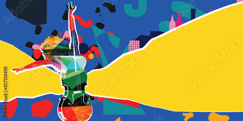 Dancing young woman with violoncello on colorful background. Dancing studio poster