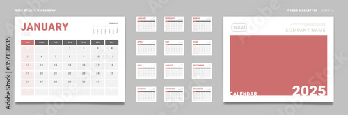 Set of 2025 Pages Monthly Calendar Planner Templates, Cover with Place for Photo, Company Logo. Vector pages for wall or desk calendar. Page size Letter -8.5x11 in for Print. Week start Sunday