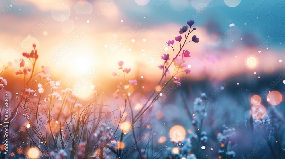 Soft, pastel sunset light illuminates wildflowers in a field. Soft, pastel sunset light illuminates wildflowers in a field.