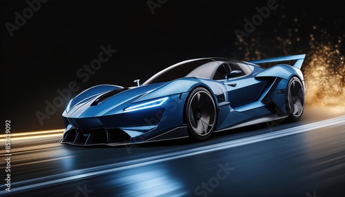 Futuristic Blue Sports Car on a High-Speed Night Drive © GeorgV