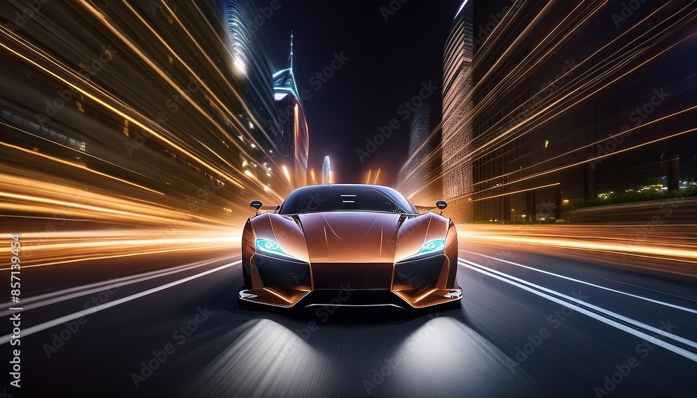 Fototapeta premium Futuristic Sports Car Driving at Night