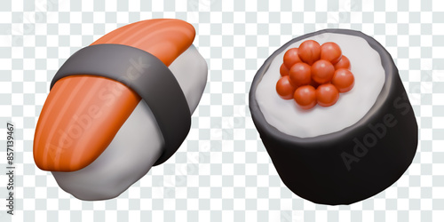 Realistic nigiri and sushi roll with red fish and caviar. Set of popular dishes