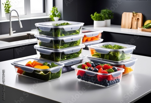 stack clear meal prep containers healthy food storage portion control, plastic, transparent, organized, kitchen, reusable, lunch, diet, fitness, nutrition photo