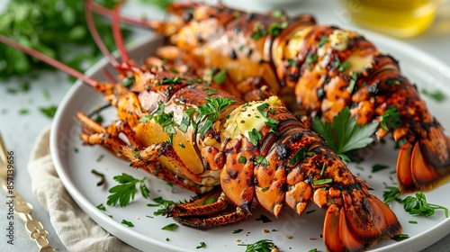 Close-Up of Grilled Lobster Tail with Melted Butter and Fresh Herbs