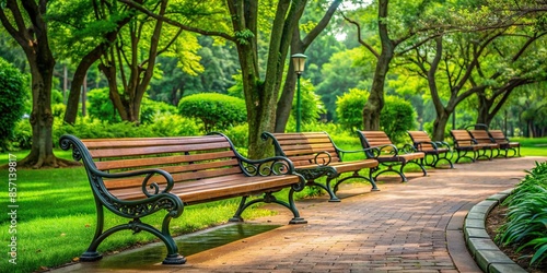 Park benches surrounded by lush greenery , park, benches, outdoor, nature, relaxation, seating, tranquility, summer, parkland photo
