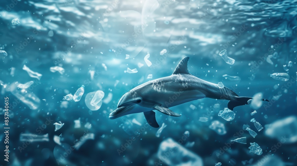 Obraz premium Dolphin surrounded by plastic waste, showcasing the environmental crisis affecting marine life