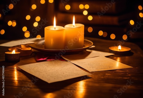 romantic love letters surrounded glowing candles, flames, illuminated, radiant, encircled, flickering, warmth, lit, lighted, embraced, fondness photo