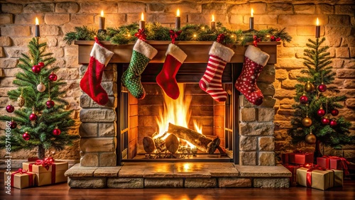 Festive fireplace with stockings hung and a cozy fire burning, Christmas, garland, mantel, hearth, decor, red, green, gold © Woonsen