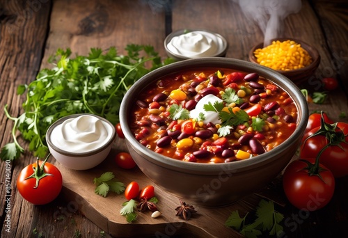 steaming bowl hearty chili spices, spicy, beans, tomatoes, warm, comforting, savory, homemade, cook, recipe, stew, vegetarian, vegan, plantbased, appetizing photo