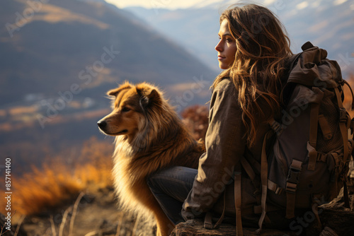 Woman and dog enjoying mountain hike during sunset © sofiko14