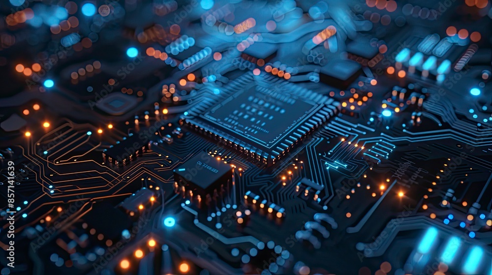 Macro shot of integrated circuits on a printed circuit board with glowing blue lights Macro shot of integrated circuits on a printed circuit board with glowing blue lights