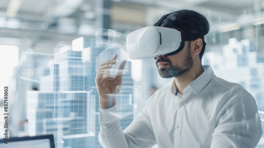 Architect designing a building in a virtual space, highlighting the use of VR in architecture and design Architect designing a building in a virtual space, highlighting the use of VR in architecture and design