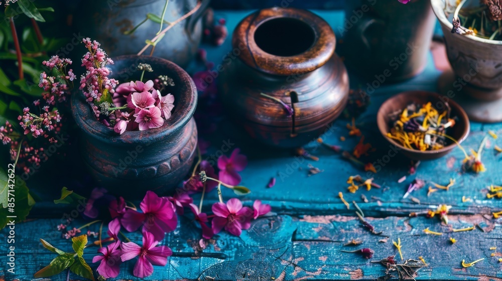 Rustic Still Life with Flowers and Pottery Rustic Still Life with Flowers and Pottery