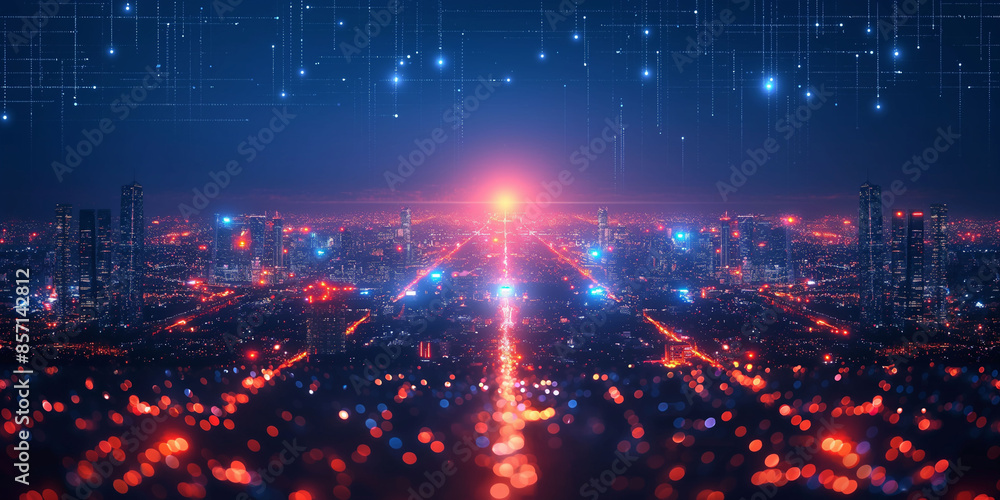 Internet and network infrastructure in a hyper connected world. A night time cityscape, a multitude of glowing, streaming lights, symbolizing the rapid data flow and connectivity of modern urban life. Internet and network infrastructure in a hyper connected world. A night time cityscape, a multitude of glowing, streaming lights, symbolizing the rapid data flow and connectivity of modern urban life.