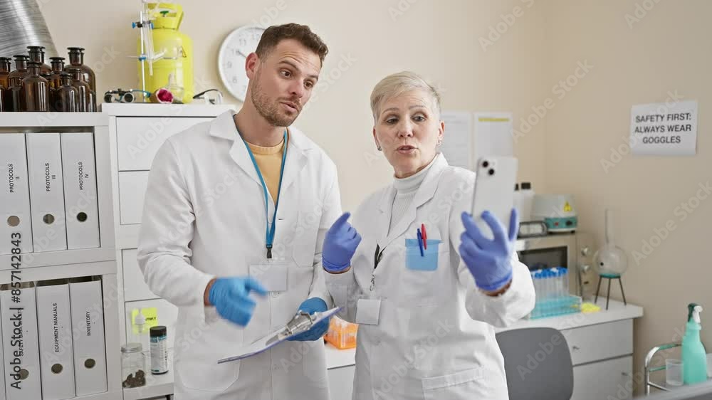 Scientist woman and coworker man in lab coats discussing over a clipboard in a laboratory equipped with glassware and instruments. Scientist woman and coworker man in lab coats discussing over a clipboard in a laboratory equipped with glassware and instruments.