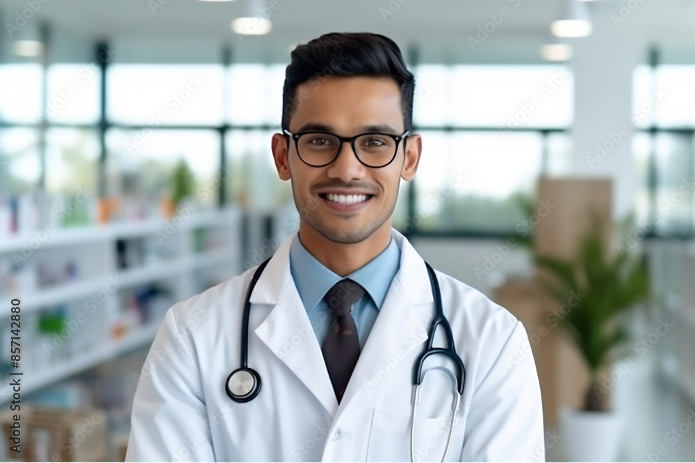 Young Indian handsome man wearing doctor uniform and stethoscope with a happy smile. Lucky person Young Indian handsome man wearing doctor uniform and stethoscope with a happy smile. Lucky person