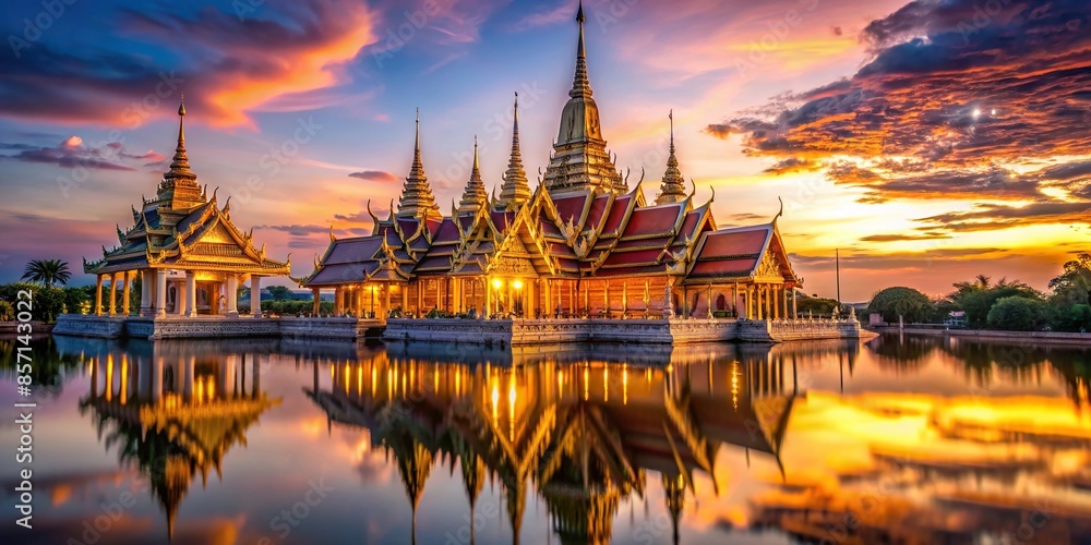 Stunning temple in Thailand glowing against evening sky , Thailand, temple, evening, dusk, sky, iconic, architecture
