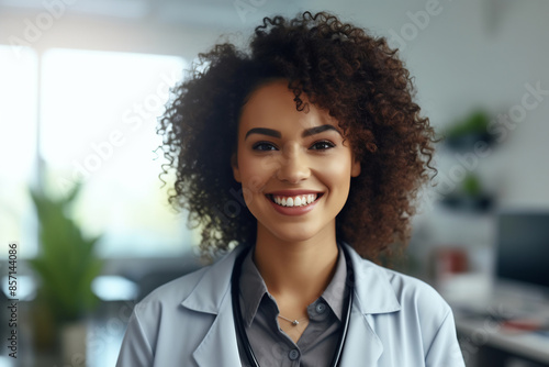 Young mulatto woman wearing doctor uniform and stethoscope with a happy smile. Lucky person