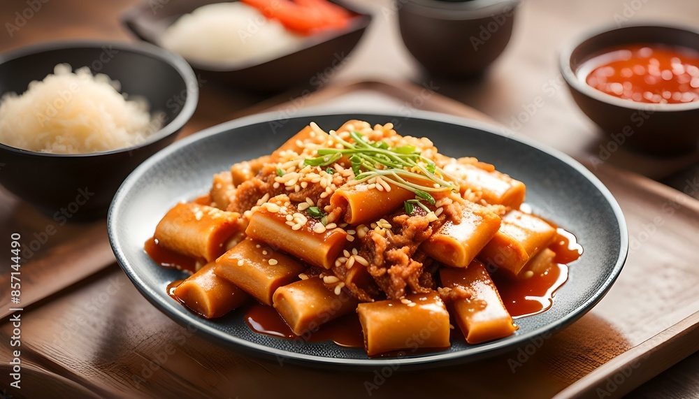 Close-up A plate of tteok-bokki, stir-fried rice cake is a popular Korean dish. Spicy soup with added gochujang. Sprinkle with roasted sesame seeds.
Close-up A plate of tteok-bokki, stir-fried rice cake is a popular Korean dish. Spicy soup with added gochujang. Sprinkle with roasted sesame seeds.