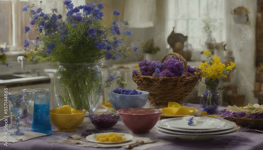 A dining room table with a bowl of blue flowers, yellow wildflowers, purple flowers in a basket, spoons, and a bottle on the left. This colorful setup creates a welcoming, natural vibe. A dining room table with a bowl of blue flowers, yellow wildflowers, purple flowers in a basket, spoons, and a bottle on the left. This colorful setup creates a welcoming, natural vibe.