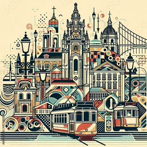 A vintage travel vector illustration showcasing Portugal's Lisbon, featuring abstract shapes of landmarks, streets, and trams.