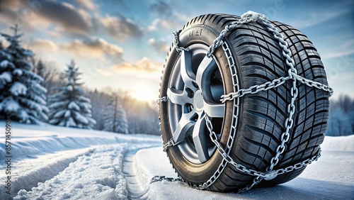 Winter tires chained together to prevent slipping on snow, winter tires, chains, prevent slipping, snow, icy conditions photo