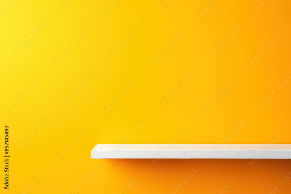 White shelf against a bright yellow wall. Simple and modern design, ideal for product display or home decor.