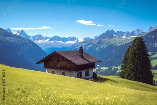 Traditional Swiss country house and amazing landscape