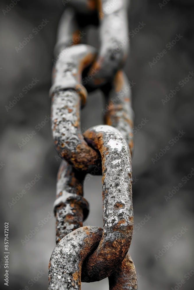Close-up of a rusty, weathered chain with flaking paint, symbolizing strength, decay, and time, set against a blurred gray background. Close-up of a rusty, weathered chain with flaking paint, symbolizing strength, decay, and time, set against a blurred gray background.