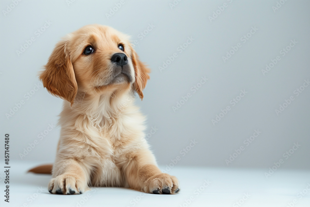 A full-body image of a Golden Retriever puppy joyfully lying on the floor. A full-body image of a Golden Retriever puppy joyfully lying on the floor.