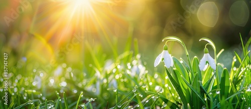 Beautiful spring background with snowdrops flowers in the grass.