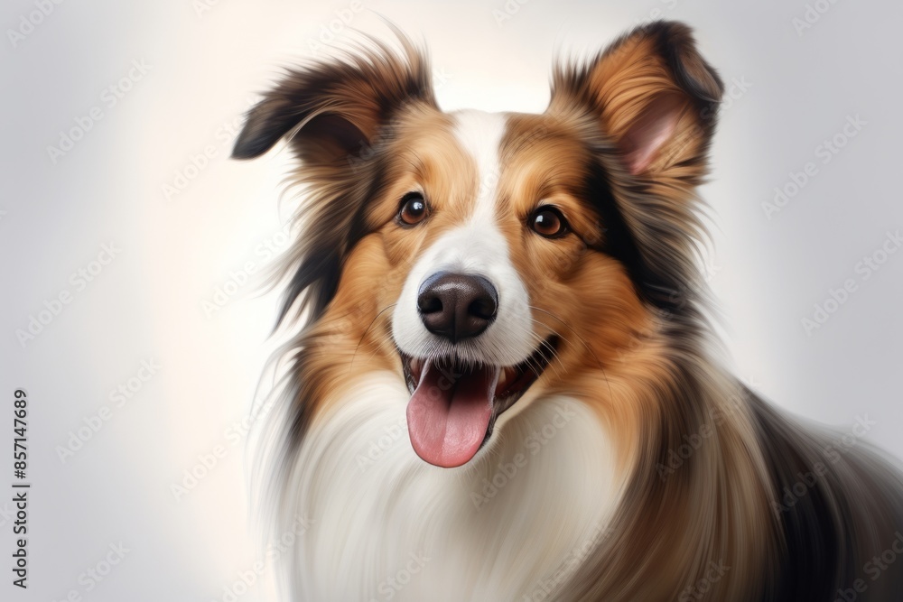 Portrait of a smiling shetland sheepdog while standing against plain white digital canvas