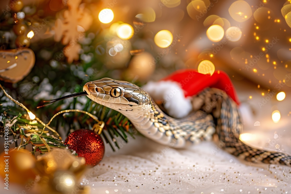 snake hiding in the branches of a decorated christmas tree, symbol of a lunar year 2025 snake hiding in the branches of a decorated christmas tree, symbol of a lunar year 2025
