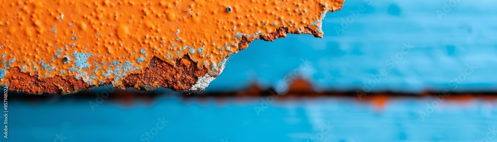 Obraz premium abstract orange and blue paint texture with peeling layers on a wall.