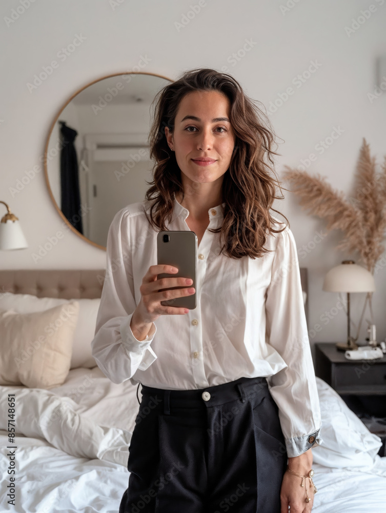 Attractive Woman Taking a Selfie with Mobile Phone in Chic Bedroom, Showcasing Stylish Outfit and Modern Interior Design Attractive Woman Taking a Selfie with Mobile Phone in Chic Bedroom, Showcasing Stylish Outfit and Modern Interior Design