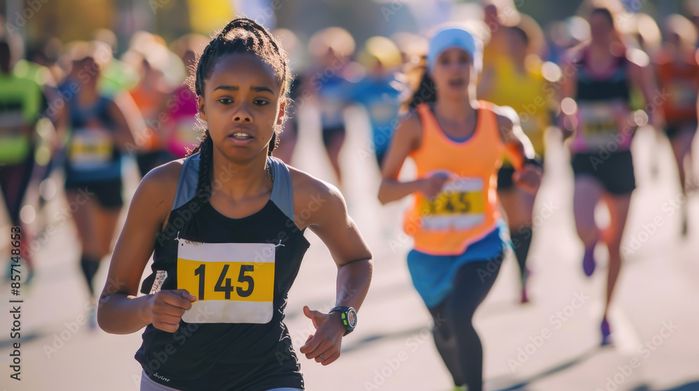 Fototapeta premium Focused Female Runner Leading in a Marathon Race with Competitors Behind