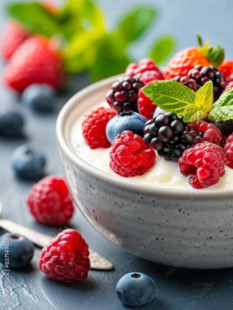 close-up of fresh berries and yogurt in a bowl with mint. close-up of fresh berries and yogurt in a bowl with mint.