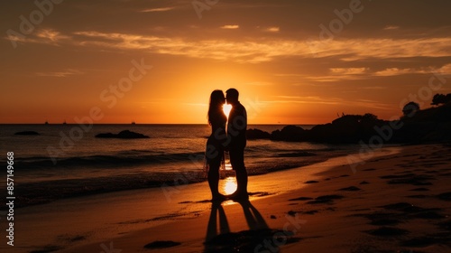 backdrop of a sunset-lit beach with silhouettes of couple