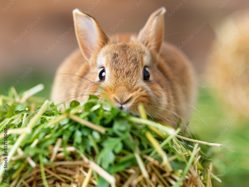 Fototapeta premium close-up portrait of a cute brown bunny rabbit eating fresh green grass and hay, adorable pet animal, easter holiday, nature, wildlife, domestic animal.