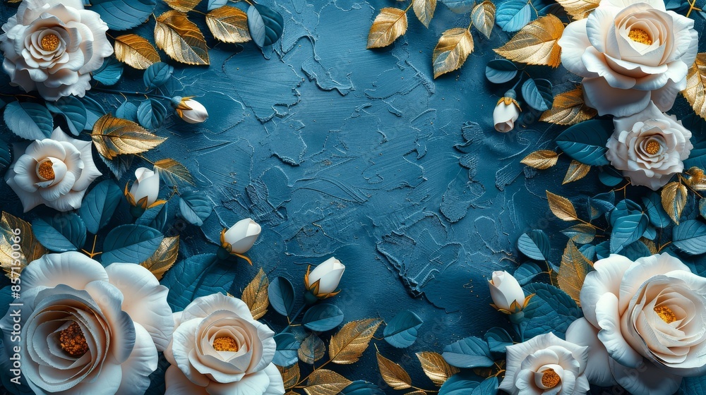 Fototapeta premium Elegant White Roses and Gold Leaves on Teal Background