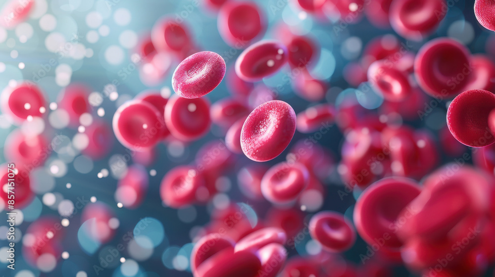 Close-up view of red blood cells in a stream, capturing intricate details and vibrant colors in a medical and scientific context. Close-up view of red blood cells in a stream, capturing intricate details and vibrant colors in a medical and scientific context.